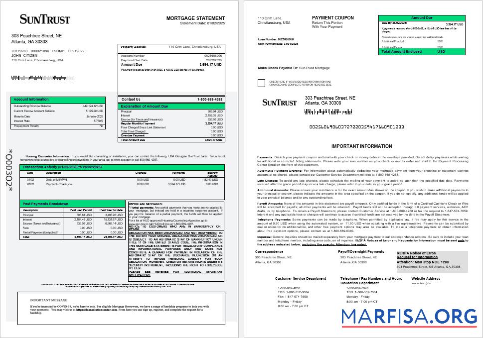 Downloadable USA Georgian SunTrust bank mortgage statement in Word and PDF formats 1 2 template